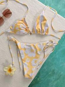 Women's Swimsuit Bikini, Cute Bohemian Style Shallow Yellow Hibiscus Flower Print Spaghetti Strap Swimsuit With Boyshort Bottoms, Suitable For Vacation, Beach, Pool And Sports Wear, Autumn/Winter, Valentine's Day, Spring/Summer 2026 New Arrival - Yellowish-white - View 8