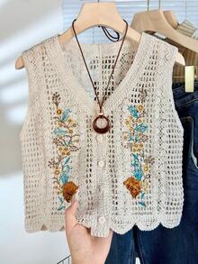 Áo croptop không tay khoét lỗ thêu ren kiểu Pháp ngọt ngào và cay nồng dành cho nữ, thích hợp cho kỳ nghỉ. - Màu be - Xem 4