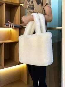 1pc Customized Embroidered Name/Text Plush Tote Bag - Soft Faux Fur Handbag, Suitable For Commuting, Travel, School, Lightweight & Elegant With Adjustable Shoulder Strap, Machine Washable, Great Christmas Gift