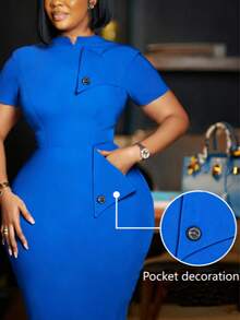 女士中长连衣裙，独特纽扣装饰，口袋设计凸显身材曲线，优雅商务正式中长连衣裙，纯色，面料高档，纽扣设计，口袋，女士中长连衣裙，适合婚礼、度假、办公室、日常、工作、约会、春秋季等场合。 - 寶藍色 - 查看 1