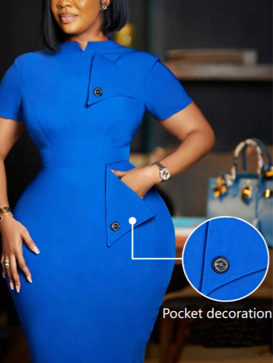女士中长连衣裙，独特纽扣装饰，口袋设计凸显身材曲线，优雅商务正式中长连衣裙，纯色，面料高档，纽扣设计，口袋，女士中长连衣裙，适合婚礼、度假、办公室、日常、工作、约会、春秋季等场合。 - 寶藍色 - 查看 1