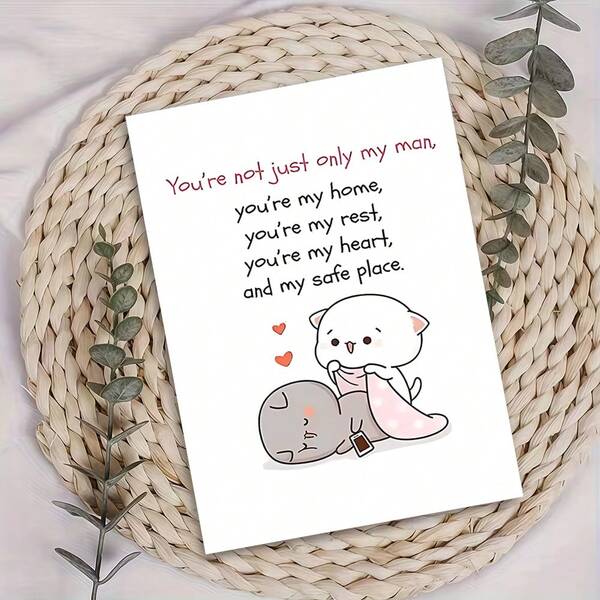 1pc "You're My Home Cute Cat Valentine's Card" Cozy Kitten Greeting Card – Heartwarming Message Detail, Sweet Love Card With Envelope, Blank Inside For Personal Notes, Perfect Gift For Partners To Celebrate & Warm Bond, Ideal For Valentine's Day, Charming Card Blending Adorable Style & Sincere Affection