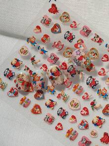 A Valentine's Day Themed Nail Sticker With Embossed Texture, Featuring Cute And Loving Pets, Romantic Elements Such As Small Animals, Gift Boxes, Flowers, Bows, Etc., Suitable For Personal DIY And Creating Sweet And Cute Nail Art Styles