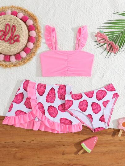 Young Girl Summer Beach Ruched Flutter Sleeve Tropical Plant Print Swimsuit Set