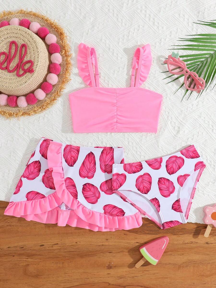 少女夏季沙滩褶皱荷叶袖热带植物印花泳衣套装 - 彩色 - 查看 1