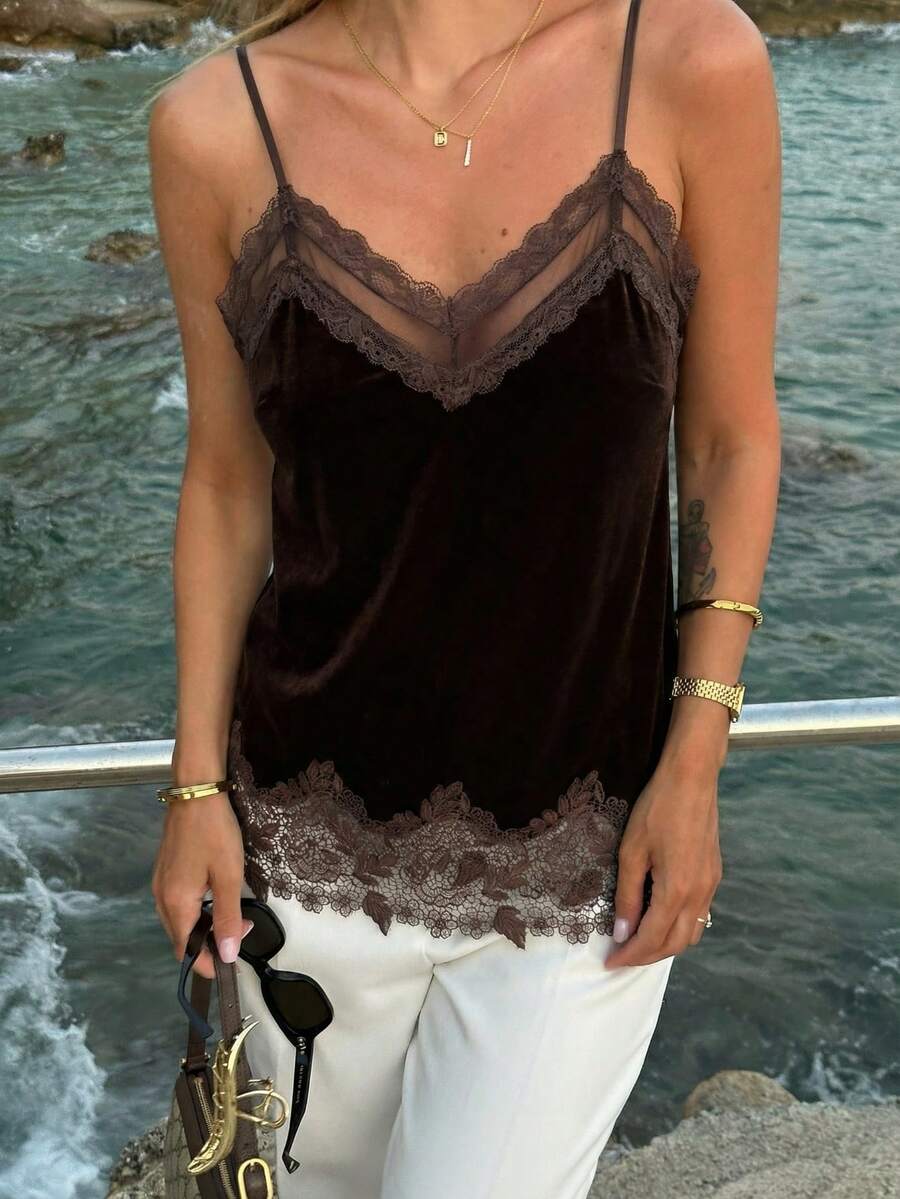 Women's Vintage Lace Trim Velvet Camisole Crop Top, Sexy Midriff-Baring, Suitable For Party Wear Casual Spring - Coffee Brown - View 1