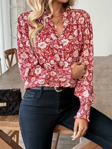 女士时尚通勤印花立领荷叶边长袖衬衫 - 紅色 - 查看 3