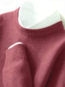 Men's Solid Color Crew Neck Casual Loose Fit Long Sleeve Sweater, Autumn/Winter - Burgundy - View 3