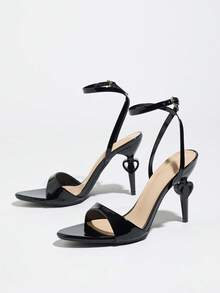 Women's Sexy Waist-Cinching Criss-Cross Buckle Slim Ankle Strap High-End Glossy Textured Skin-Friendly Versatile Elegant Mysterious Shiny Black Fashion High Heel Pointed Toe Heart-Shaped Heel Party Banquet Wedding Graduation Outdoor Travel Valentine's Day Mother's Day Christmas New Year Teacher's Day Thanksgiving Sandals - Black - View 5