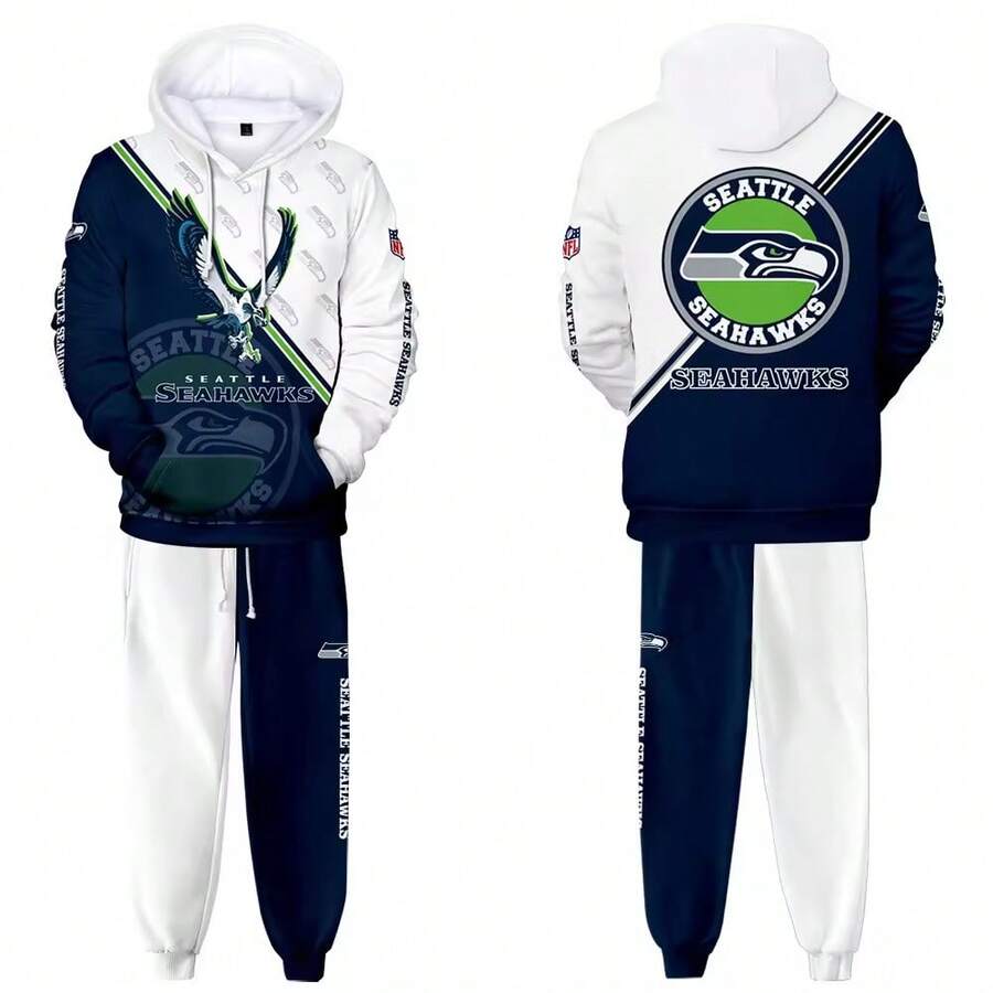 Seattle-Seah-Awks Men'S Stylish 3D Lion Print 2pcs Athletic Wear Set - Long Sleeve Hoodie & Joggers, Casual Outdoor & Gym Wear For Spring/Fall, Football Team Pattern Design, Comfortable & Breathable Fabric, Perfect For Comfortable Fit - 彩色 - 查看 1