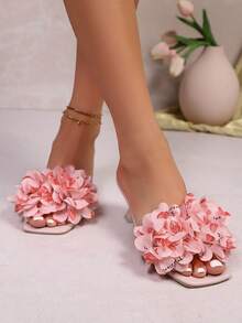 Sandálias Slip-On Elegantes e Fashionistas para Mulheres, Adequadas para Usar com Vestidos e Saltos Altos, Confortáveis e Bonitas para o Verão e Praia - Rosa chiclete - Visão 3