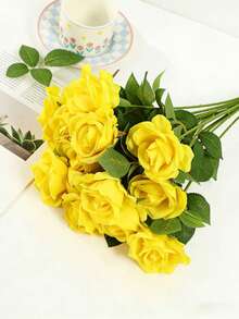 30pcs Artificial Yellow Rose Flowers, Fake Roses, For DIY Wedding Bouquet, Valentine's Day Gift, Tabletop Decor, Bridal Shower, Valentine's Day, Mother's Day, Birthday Party Home Decoration - Dark Yellow - View 2
