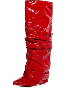Women's Slouched Ruched Fold Over Boots - Patent Leather Covered Wedge Heel Wide Calf Pointed Toe Knee High Casual Boots - Burgundy - View 2