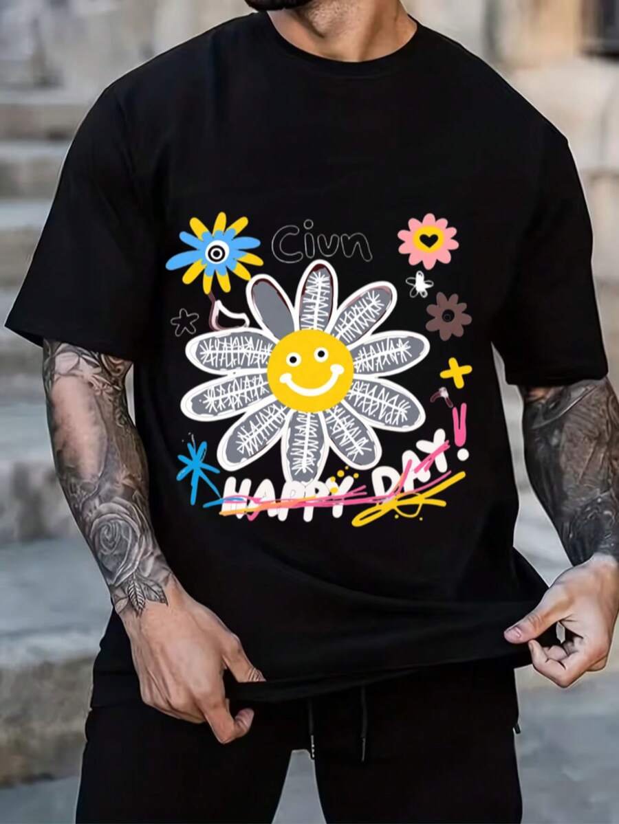 Esencial de  Camiseta de algodón blanco con patrón de flores coloridas - Negro - Ver 1
