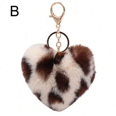 5pcs Fashionable Multi-Color Leopard Plush Pompom Keychain, Cute Cartoon Heart Pendant Key Chain, Car Key Ring, Bag Charm, Gift For Valentine's Day, Birthday, Thanksgiving, Party