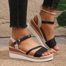 Women's Summer New Thick Bottom Wedge Woven Sandals, Minimalist Fashion, Essential For Street & Vacation, Slip-On - Black - View 11