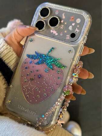 透明な点滅ストロベリースマホケース、iPhone 17 Pro Max、17、16 Pro、15 PM、15、14、13 Pro対応、高級、落下防止、フェミニンデザイン