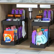 1 pezzo Organizer doppio per lavandino, 1 pezzo Organizer per spazi stretti, Organizer multifunzione per lavandino, adatto per cassetti di bagno e cucina. Portaspezie in plastica per piano di lavoro, Organizer per condimenti, Portaoggetti per piatti e utensili, Organizer per lavandino, Scaffale di stoccaggio in plastica - Multicolore - Visualizzare 5
