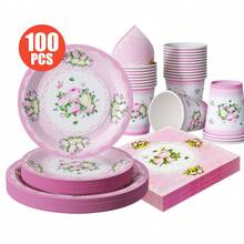 一套粉色花卉图案一次性餐盘、餐巾纸、杯子，适合25位客人，一次性派对用品，适用于生日、婚礼、主题派对、家庭野餐等场合。 - 彩色 - 查看 1
