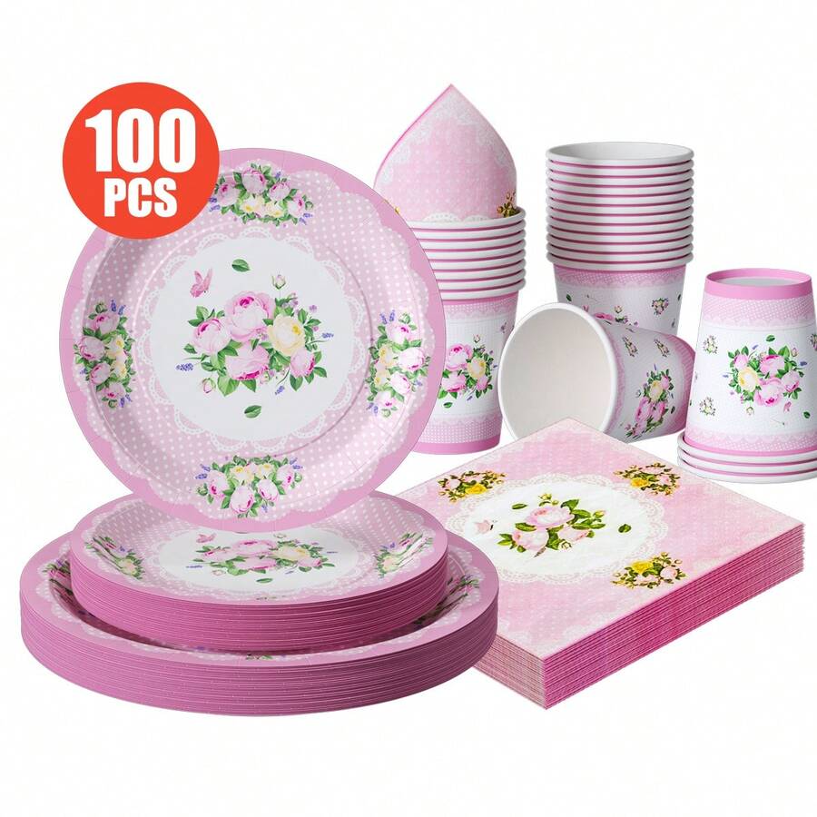 一套粉色花卉图案一次性餐盘、餐巾纸、杯子，适合25位客人，一次性派对用品，适用于生日、婚礼、主题派对、家庭野餐等场合。 - 彩色 - 查看 1