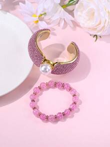 Set de 2 piezas de pulsera elegante con cristales de CCB y pulsera con cuentas, adecuado para uso diario, fiestas y bodas de mujeres, regalo de joyería - conjunto de pulsera - Ver 4