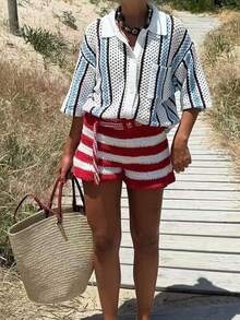 女士新款度假风条纹撞色罩衫/罩衫，百搭显瘦，高端舒适，价格亲民，夏季必备热销单品，完美适用于海滩、咖啡馆和休闲街头风。也适合情人节、复活节、音乐节和派对等场合。 - 彩色 - 查看 5