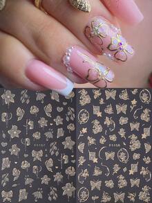 2pcs Luxury Shiny Flower Nail Art Stickers, Gold Flower Heart Leaf Self-Adhesive 3D Nail Decals, Nail Sliders, Women & Girls Nail Art Supplies Nails - Multicolor - View 2