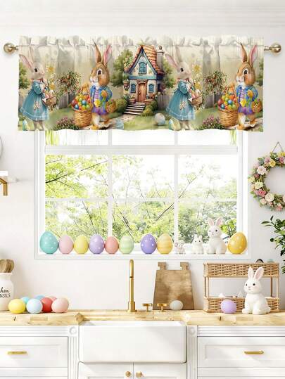1pc Retro Easter Valance Curtain, 55x18Inch Whimsical Bunny Rabbits & Eggs Pattern Polyester Short Curtains With Rod Pocket, Easter Decorations For Home, Farmhouse Style Kitchen Valances Window Treatments For Bedroom, Bathroom, Living Room, Spring Easter Holiday Decor, Easter Ornaments