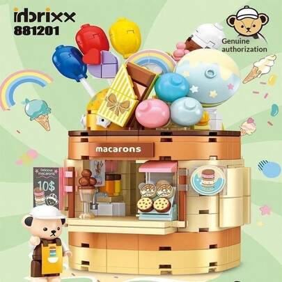 泰迪熊冰淇淋店积木，小颗粒马卡龙彩色拼装模型，草莓主题舒缓桌面摆件。创意礼物，适合男孩女孩，充满玩具灵感。