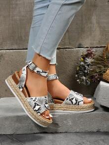 夏季时尚休闲草编搭扣露趾交叉编织绳平底凉鞋，纯色金属搭扣编织后系带女鞋，适合度假和通勤，经典黑白蛇纹厚底坡跟凉鞋 - 黑白蛇紋 - 查看 7