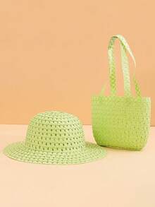 2pcs/Set Girls' Solid Color Woven Mesh Sun Hat + Matching Woven Handbag, Multi-Color Options, Fashion Minimalist Delicate & Breathable, Suitable For 2-3 Years Old Girls Outdoor/Beach Use In Spring/Summer, Can Be Used As Birthday/Holiday Gift - Multicolor - View 10