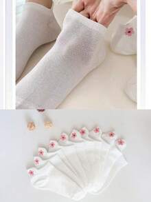 3/6/10 pares de calcetines tipo náutico blancos de verano para mujer con estampado de flores de cerezo, cómodos y con talón antideslizante, apropiados para estilo JK