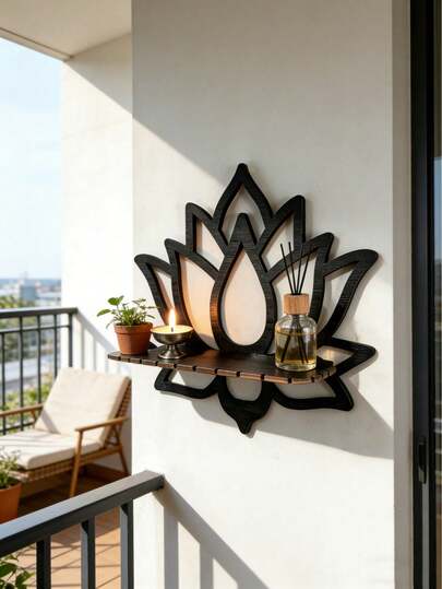 1 pieza Estantería de pared flotante con forma de loto, decoración del hogar estilo bohemio, estante de madera negra con forma de loto para exhibir plantas, velas, difusores, etc., adecuado para dormitorio, baño, balcón, accesorio del hogar con tema floral, estantería de pared ahorradora de espacio
