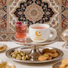 1/2pcs 285ml/9.5oz Ramadan Mubarak Ceramic Coffee Mugs, Handmade Asymmetrical Porcelain Tea Cups With Gold Star And Moon Pattern, Adorable Ramadan Drinkware For Coffee, Tea, Juice, Perfect For Ramadan/Eid Party Decor And Gifts - Multicolor - View 7