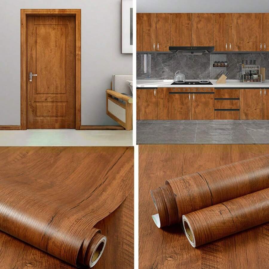 1 Cuộn Giấy Dán Tường Trang Trí Phòng Bằng Chất Liệu Vinyl Màu Nâu Vân Gỗ, Có Thể Tháo Rời, Chống Thấm Nước, Tự Dính, Dễ Dán Cho Nhà Bếp, Phòng Tắm, Phòng Ngủ, Phòng Khách, Mặt Bàn, Đồ Nội Thất, Trang Trí & Cải Tạo Nhà Cửa, Dễ Dỡ Bóc Dán.