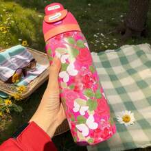 Owal'o 32oz  Stainless Steel Insulated Water Bottle - Keeps Beverages Hot Or Cold For Extended Periods, Available In Various Floral Designs, Features A Pop-Up Lid, Carrying Handle, And Straw, Perfect For Outdoor Activities, Car Use, Sports, And As A Gift. - hồng - Xem 2
