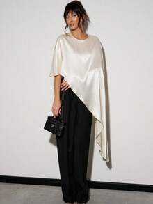 Awevudst Women's Loose Satin Poncho Tunic Tops High Low Silk Shawl Round Neck Ruffle Hem Capes See Through Shrug Bolero Top Cover Up Beachwear - trắng - Xem 6
