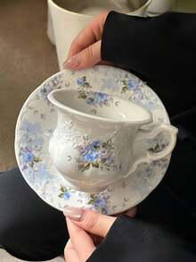 一套压花花卉陶瓷咖啡杯碟，法式简约陶瓷杯碟，花卉图案家用早餐牛奶杯、果汁杯、水杯、下午茶杯，高品质办公水杯、咖啡杯，礼品杯 - 彩色 - 查看 9