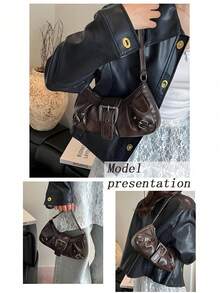 Y2K Vintage Soft Distressed Leather Motorcycle Bag With Rivet, Buckle, Pleated Cloud Decor, Shoulder/Underarm Bag, Suitable For Work, Commute, Date, Party, Street & Japanese Bag For Women, Halloween Purse Perfect For Fancy Party Halloween Fashion & Gothic Fashion , Vintage Bag - 咖啡棕 - 查看 2