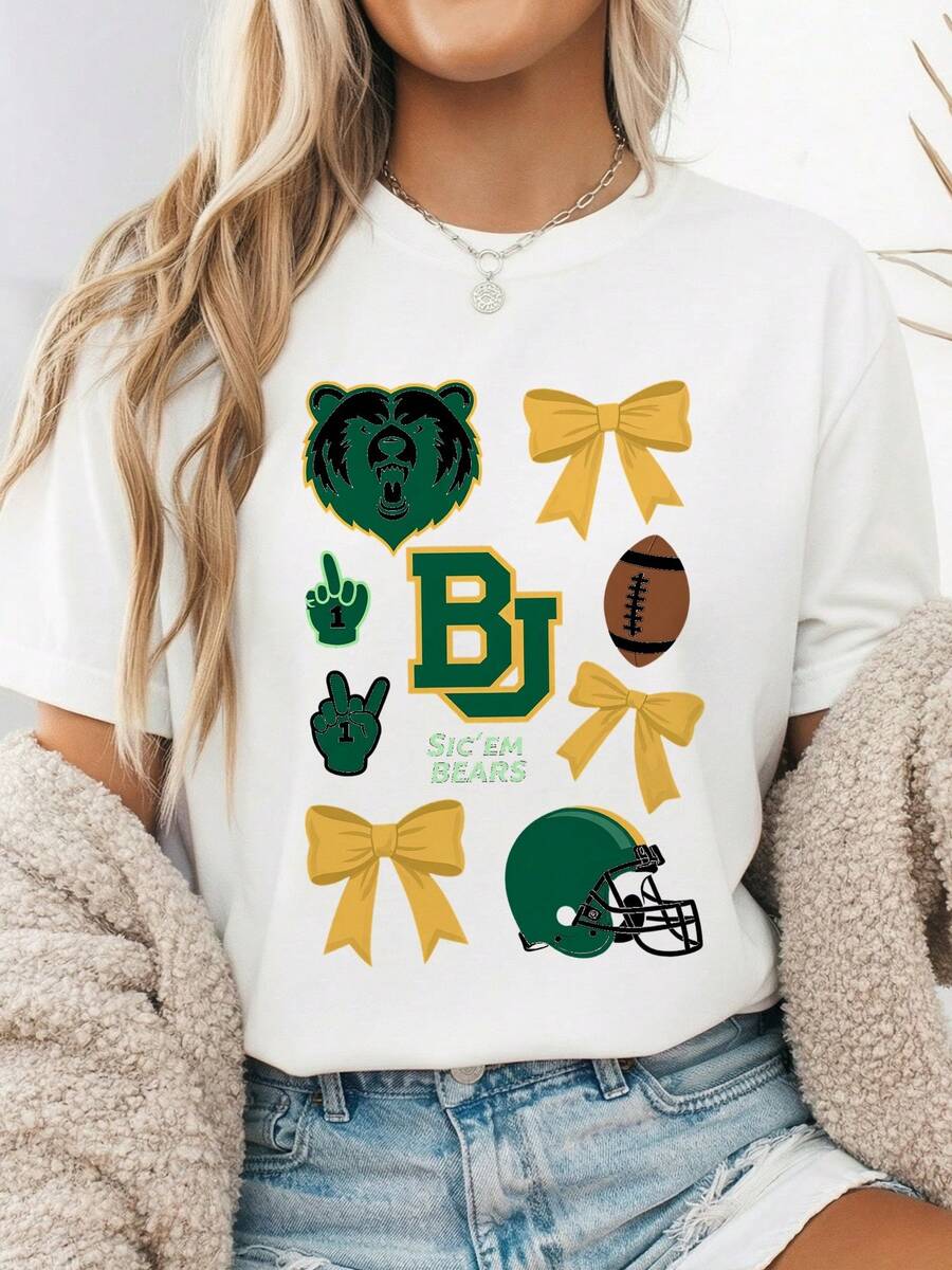 Baylor Bears T-Shirt College Football Shirt Womens Football Bow Tee Sic Em Bears 100% Cotton Crew Neck Short Sleeve Coquette Aesthetic Game Day Graphic BU Logo Ribbon Helmet Gift-3 - Trắng 2 - Xem 1