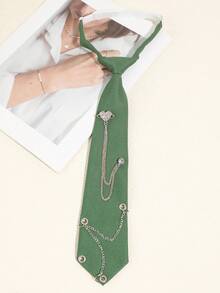 1pc Women's Casual Shiny Faux Crystal Heart Decor Chain Tie, Solid Color, Suitable For Daily Wear - A - View 12