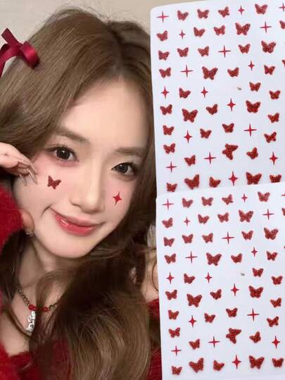 1pc Face Sticker, Suitable For Valentine's Day With Red Glitter Butterfly & Starry Patterns, Self-Adhesive, Easy To Apply, Applicable For Valentine's Day, New Year, Stage Makeup, Concerts, And Various Occasions