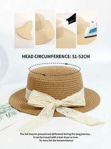 1顶适合3-6岁女孩的防晒平沿蝴蝶结系带草帽，适合户外和海滩佩戴 - 1PC - 查看 8