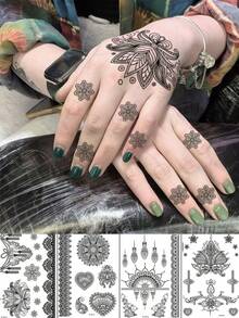 4 Sheets Black Henna Tattoo For Hand Waterproof Lace Flower Henna Temporary Tattoos For Women Wedding Body Art Stickers Travel Festival Party Makeup Decoration - Black - View 12