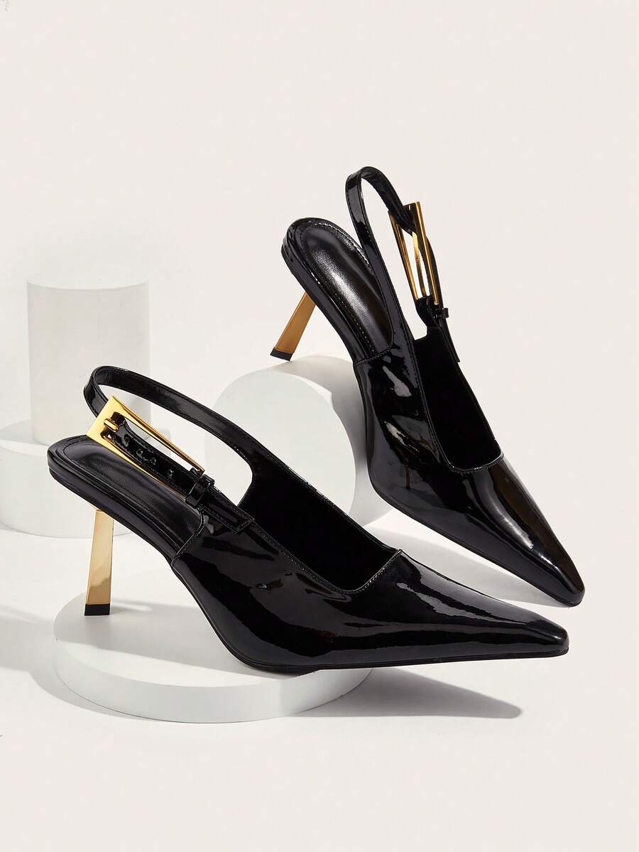 Sexy Patent Leather Pointed Toe Metal Buckle Office Stiletto High Heels, For Party & Banquet - Black - View 1