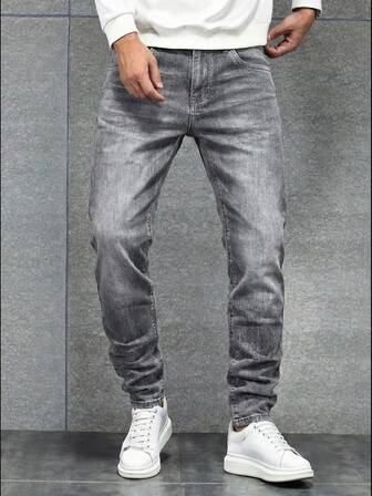 Stretch Denim Jeans For Men, Skinny Fit Business Casual Pants, Slim Fit Denim Trousers, Washed Elastic Versatile Daily Wear Fashion Jeans