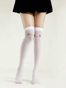 1 Pair Cute Shy Face Print Over-The-Knee Socks, Anime/Manga Style, Summer