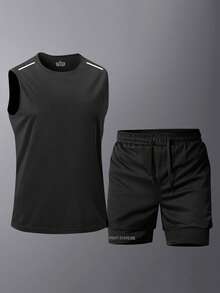 男士夏季户外运动背心和短裤健身跑步套装 - 黑色 - 查看 11
