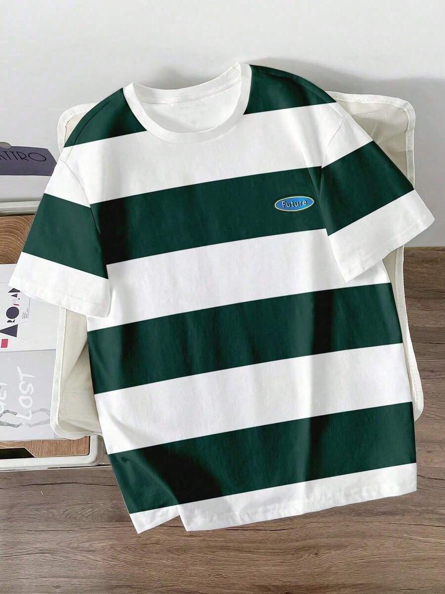 1pc Boys' Retro Classic Daily Casual Colorblock Striped Crew Neck Short Sleeve T-Shirt, Spring/Summer - Green - View 1