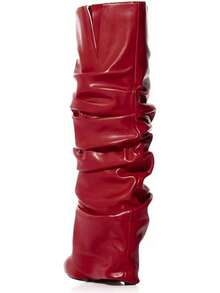 Women's Slouched Ruched Fold Over Boots - Patent Leather Covered Wedge Heel Wide Calf Pointed Toe Knee High Casual Boots - Burgundy - View 2